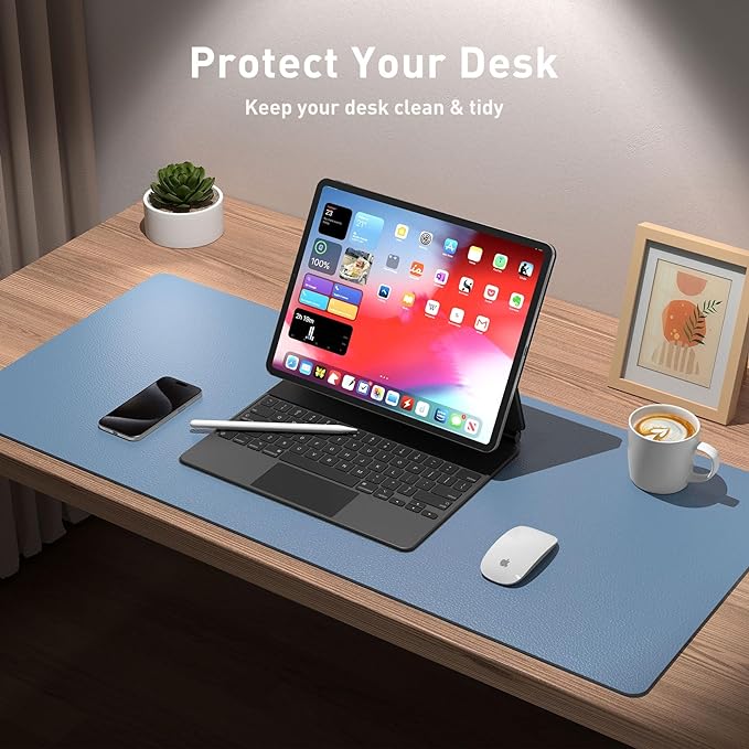 Aothia Leather Desk Pad Protector, Mouse Pad, Office Desk Mat, Non-Slip PU Leather Desk Blotter, Laptop Desk Pad, Waterproof Desk Writing Pad for Office and Home (Denim Blue, 36" x 17") - Image 4