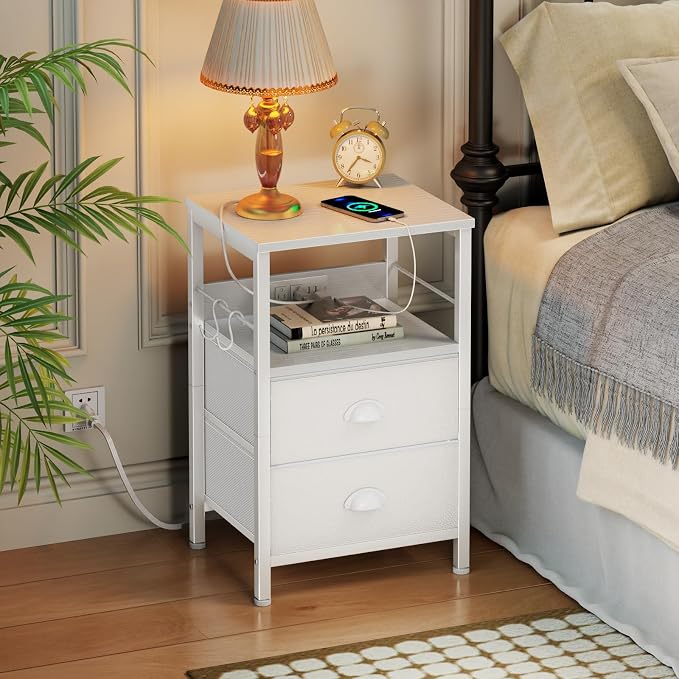Furologee End Table with Charging Station, Nightstand with Fabric Drawers, Side Tables with USB Ports & Outlets, Night Stand with Storage Shelf & Hooks, for Living Room/Bedroom, White - Image 2