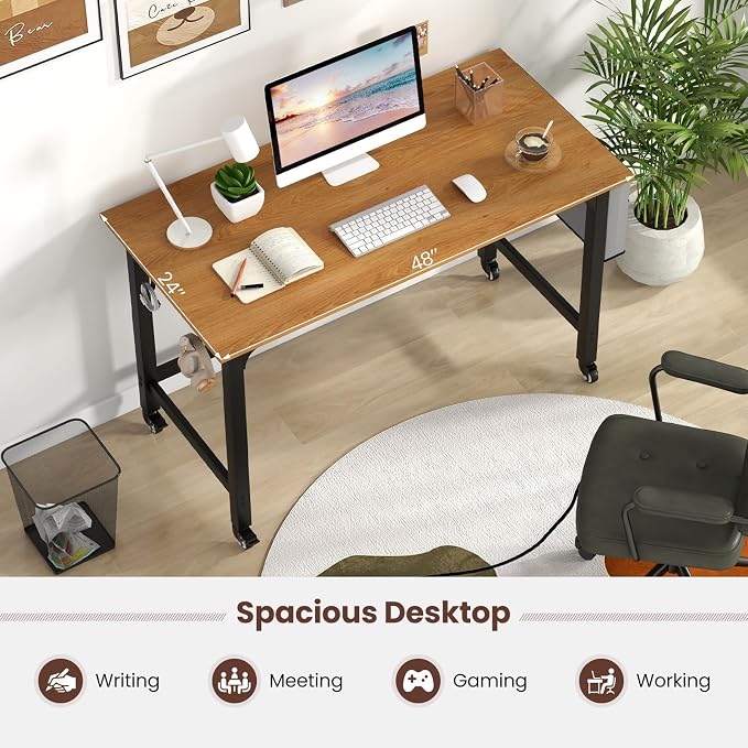 COSTWAY 48” Mobile Computer Desk, Home Office Desk on Wheels, Simple Study Writing Table with 4 Lockable Wheels, Metal Frame, Rolling Laptop PC Table for Small Space (Natural) - Image 4