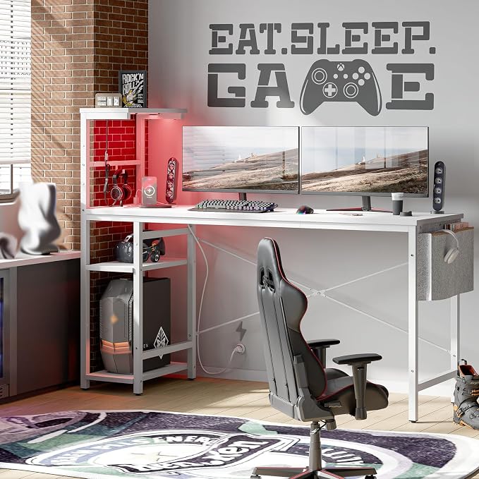 Bestier Gaming Desk with Power Outlets, 61 Inch Large Led Gamer Desk with 4 Tiers Reversible Shelves, PC Gaming Table with Headset Hook & Side Storage Bag for Bedroom (White 3D Carbon Fiber) - Image 4