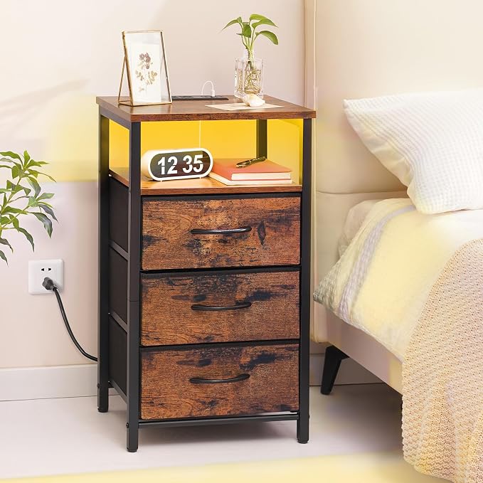 Yoobure Night Stand with Charging Station, LED White Nightstand for Dorm - Image 2