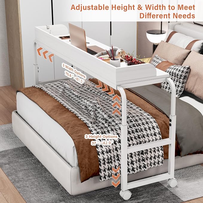 Overbed Table with Wheels, Mobile Bed Table with Adjustable Height Length, Desk for Bed Queen King Size with Charging Station and LED Light, Rolling Table for Eating, Laptops, Hospitals - Image 5