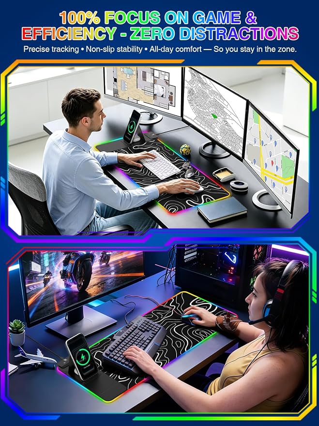 RGB Mouse Pad with Foldable Phone Stand Wireless Charger, 31.5"x11.8" XL Gaming Mousepad Large Desk Mat, Desk Pad with 11 Colors 5 Modes, Waterproof - Image 8