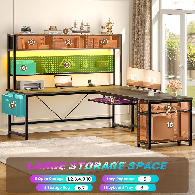 SEDETA L Shaped Gaming Desk with LED Lights and Pegboard for Home Office | Reversible 94.5" Computer Desk with Power Outlet, Keyboard Tray, Storage Shelves and Headphone Hook, Walnut Brown - Image 5