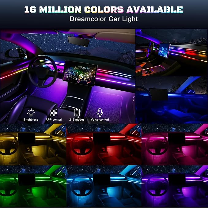 Dreamcolor Acrylic Interior Car LED Strip Light with USB/Type C/4-Port Cigarette Lighter, RGB 10 in 1 with 179.2 inches 650 LEDs Ambient Lighting Kits, Sound Active Function Neon Led Strips for Car - Image 3