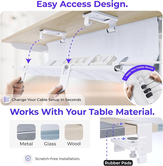 Ascrono Original No Drill Under Desk Cable Management Tray 14.1" - Premium White Fabric Cable Management Under Desk - Clamp/Screw Mount Cord Organizer - Supports Upto 66lbs - Image 3