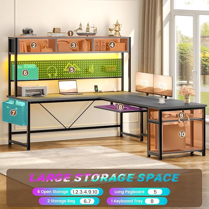 SEDETA L Shaped Office Desk with Hutch, Reversible 94.5" Computer Desk | L Shaped Gaming Desk with LED Light, Keyboard Tray, Storage Shelves and Headphone Hook for Home Office, Grey - Image 6