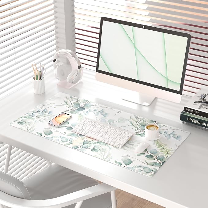 QiyI PU Leather Large Mouse Pad, 31.5" x 15.7", Eucalyptus Leaf | Desk Décor Accessories, Extended Size, Waterproof & Easy to Clean, Smooth Surface, Non Slip Desk Organization - Image 2
