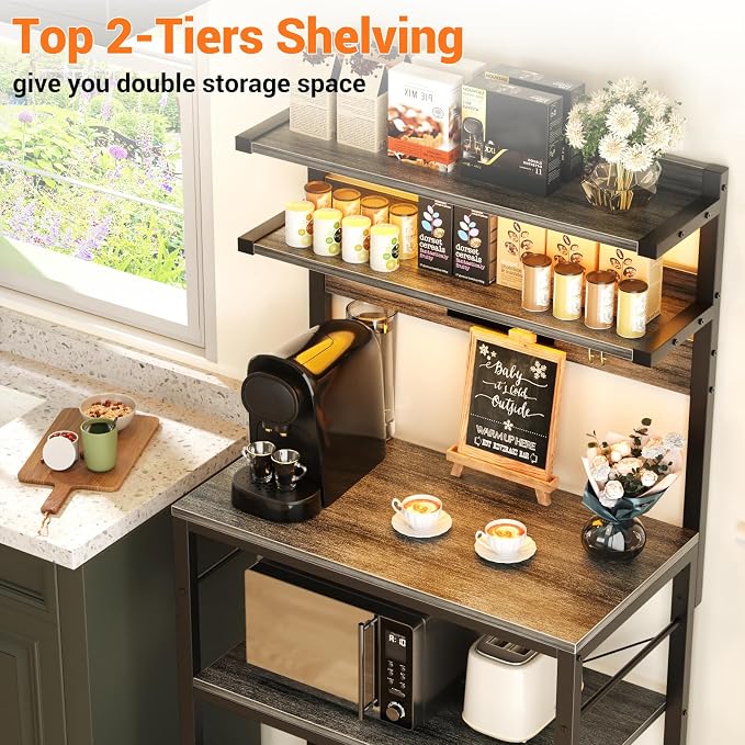 Aheaplus Bakers Rack with Power Outlet & RGB LED, 5-Tiers Coffee Bar Table - Image 5