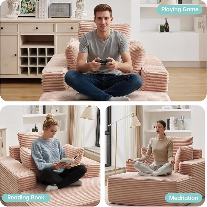 Boneless Chaise Lounge Chair, 54" Oversized Cloud Couch Sofa with Deep Seat, Plush Corduroy Reading Chair for Living Room, Bedroom, Reading Nook, Apartment, Gaming Room & Movie Nights, Pink - Image 6