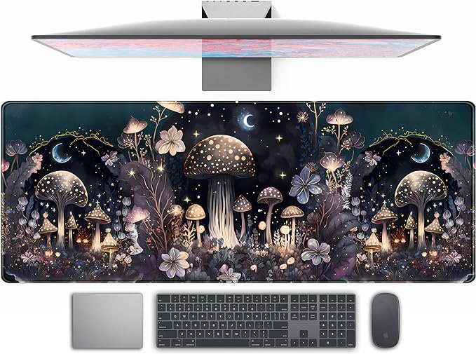 Teng DA Qing Cute Dark Mushroom Moon Night Mouse Pad XL Extended Gaming Mat with Stitched Edges, Computer Laptop Keyboard and Mouse Mat for Women Office Desk Decor, 31.5x11.8 in by TENG+DA+QING