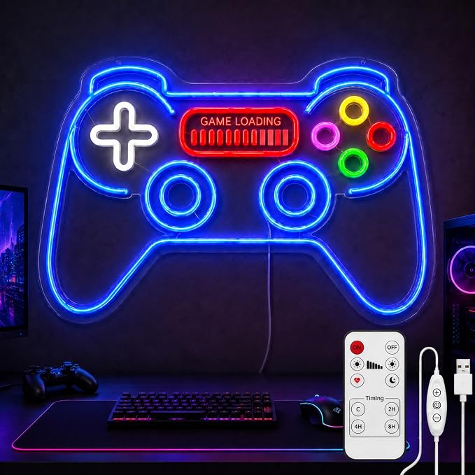 Games Controller Neon Sign: LED Wall Light With GAME LOADING by CBGEYZM