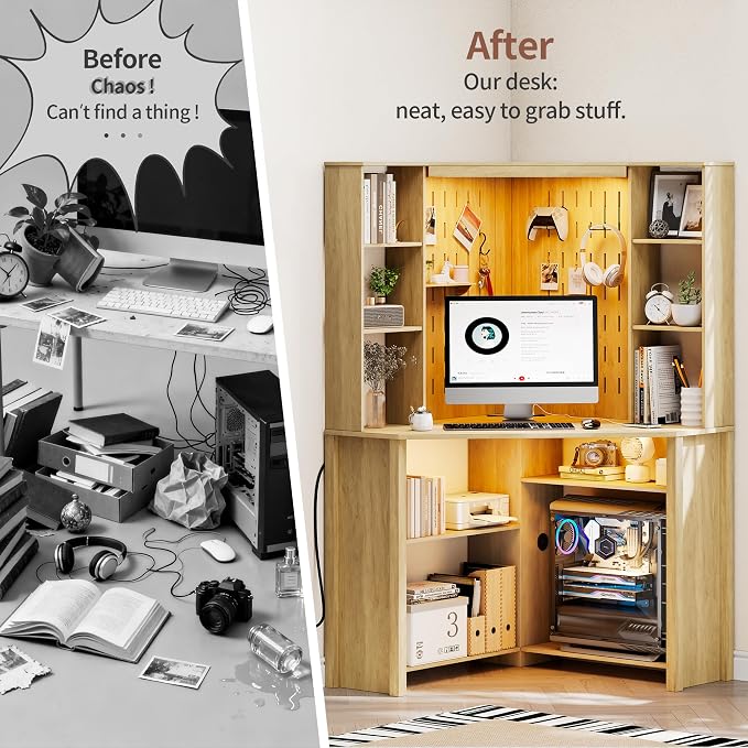 HNEBC Home Office Desk with Power Outlet & Chariging Station,L-Shaped Corner Desk with Pull-Out LED Lights,Computer Desk with Hutch & 10 Shelves,Pegboards for Work & Study,Natural - Image 7