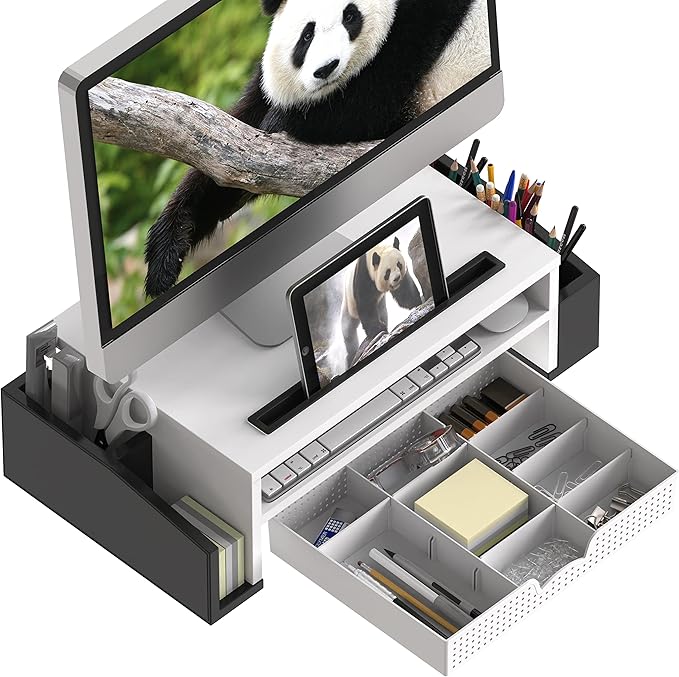 Simple Houseware Desk Monitor Stand Riser w/ Adjustable Tray, Black/White | Built-In Tablet Slot and Side Storage - Image 3
