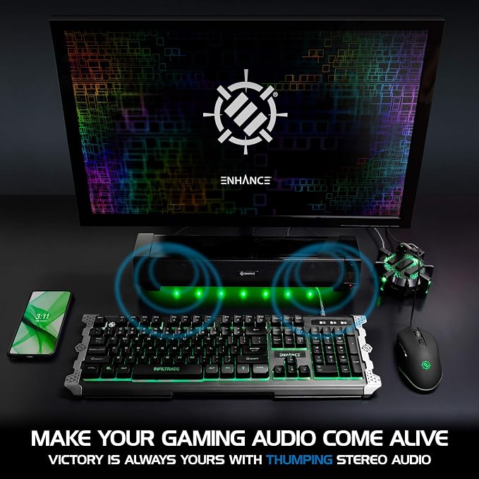 ENHANCE Gaming Attack Sound Bar PC Speaker - Under Monitor Soundbar Computer Speaker with Loud 40W Hi-Fi Audio, 3 LED Color Modes, and Dual Inputs for PC, Laptop, or Phone AUX - Image 5
