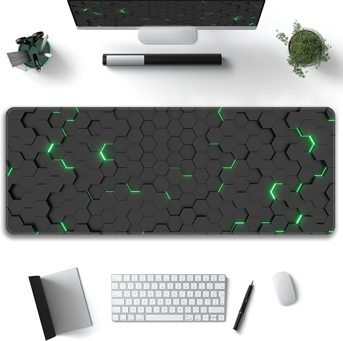 Green Hexagon Honeycomb Desk Mat, XL 31.5"x11.8" Large Mouse Pad, Geometric Extended Gaming Mouse Mat,Non-Slip Rubber Base Waterproof with Stitched Edges for Gaming Office Home Decor - Image 2