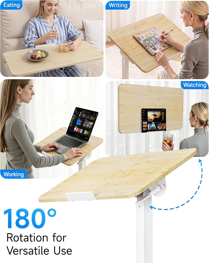 BIZUM Mobile Standing Desk Laptop Desk Pneumatic with Wheels 180° Tilt Top Hospital Bed Table Portable Rolling Cart Foldable Bedside Table for Hospital&Home Use, Maple - Image 8