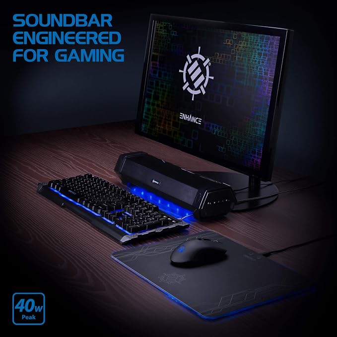 ENHANCE Gaming Attack Sound Bar PC Speaker - Under Monitor Soundbar Computer Speaker with Loud 40W Hi-Fi Audio, 3 LED Color Modes, and Dual Inputs for PC, Laptop, or Phone AUX - Image 3