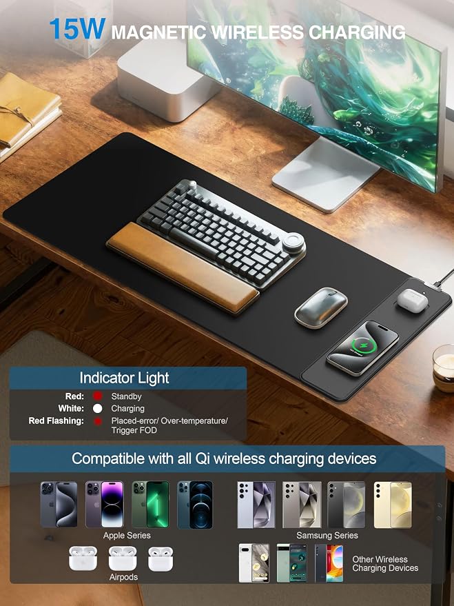 TopMade Mouse Pad with 15W Wireless Charging, Classic Black Desk Mat | Gaming Mousepad Home Office Large Desk Pad with Ultra-Smooth Surface, Non-Slip Base, Waterproof Keyboard Pad - Image 2
