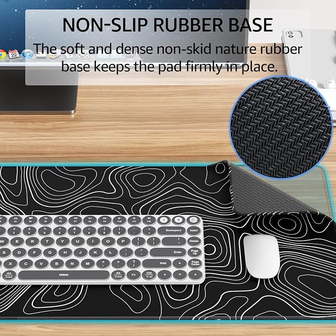 KTRIO Large Gaming Mouse Pad, 31.5 x 11.8 in, Black Topographic, XL | Smooth Micro-Weave Surface, Artistic Pattern Design, Non-Slip Rubber Base, Durable Stitched Edges , Office & Home Use - Image 4
