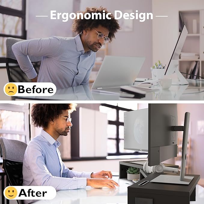BONTEC Dual Monitor Stand Riser, Adjustable Length & Swivel Angle, Black | Ergonomic Wooden Desktop Organizer with Smartphone Holder, Computer Monitor Stand for PC, Laptop,Printer and Large Storage - Image 4