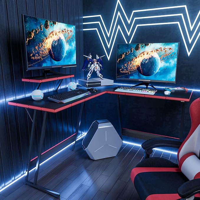 Homall L Shaped Gaming Desk Computer Corner PC Desk Table with Large Monitor Riser Stand for Home Office Sturdy Writing Workstation (Black, 47 Inch) - Image 2