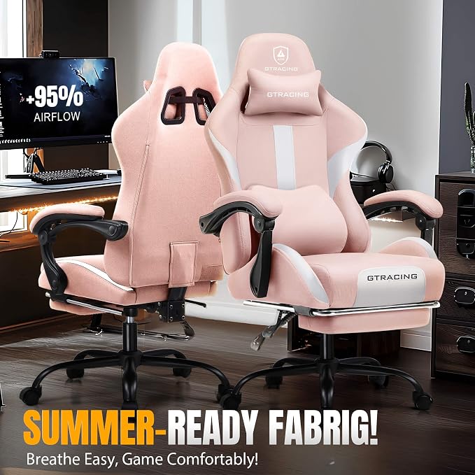 GTPLAYER Gaming Chair with Foot Rest & Pocket Spring Cushion, Breathable Fabric for Home Office Desk, Ergonomic High Back Computer Chair with Headrest & Lumbar Support, Pink - Image 3