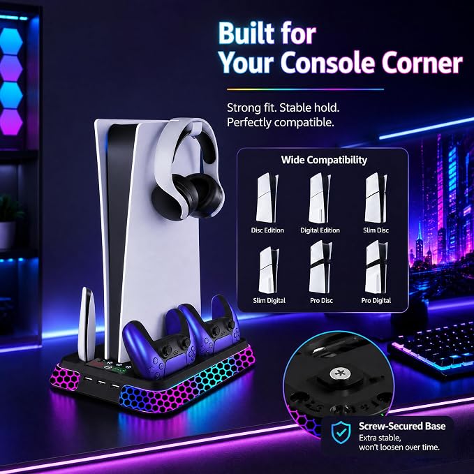 PS5 Stand with Hexagon RGB Aesthetics,PS5 Cooling Station for PlayStation 5 Slim Pro Disc Digital Console with Cooling Fan,Dual Controller Fast Charger USB Hub Headset Holder Game Storage (Black) - Image 5