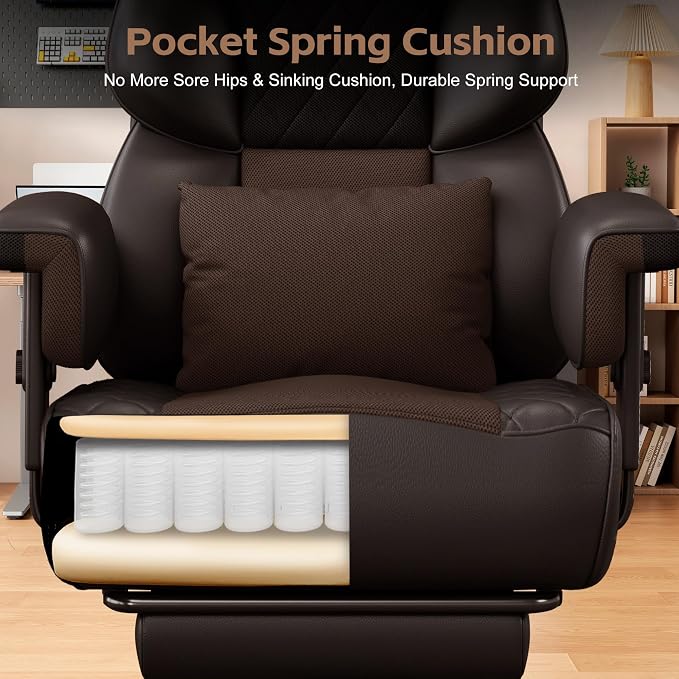 Vonesse Office Chair, Desk Chair with Soft Adjustable Armrests, Ergonomic High Back Gaming Chair with Lumbar Support, Executive Computer Chairs with Footrest (PU Leather, Brown) - Image 7