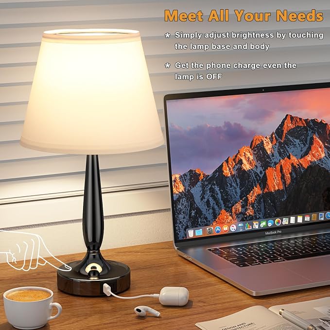 Kakanuo Touch Bedside Lamp for Bedroom with USB C Port, Small Touch Table Lamp with 2 USB Charging Ports, 3 Way Dimmable Nightstand Lamp for Living Room and Office - White (LED Bulb Included) - Image 2