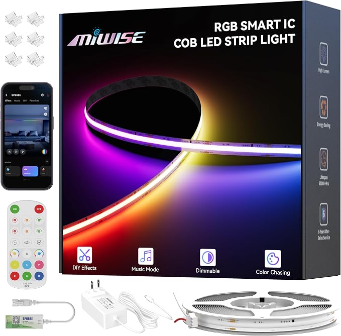 MIWISE LED Strip Lights,RGB Smart IC COB LED Strip Light Color Chasing,24ft Multicolor Flexible LED Tape Light,Music Sync with APP Control,Addressable DIY 16M Colors,for Cabinet,Bedroom,Party Decor by MIWISE
