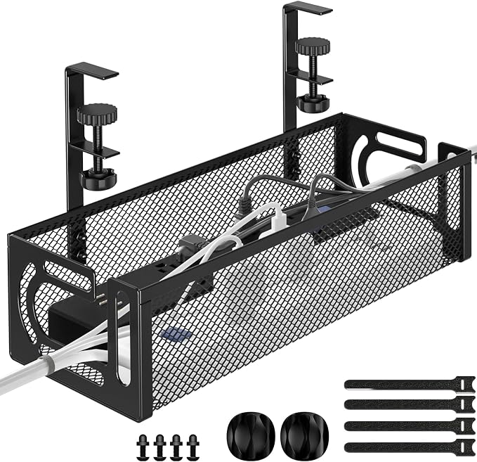 Under Desk Cable Management Tray, 15.7'' No Drill Steel Desk Cable Organizers, Wire Management Tray Cable Management Rack (1 Pack-Black) by BESTFORYOU