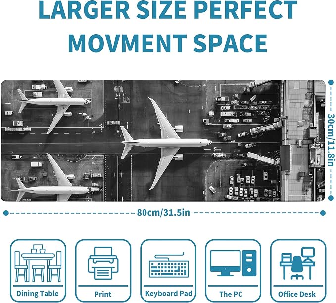 Extended Gaming Mouse Pad with Aircraft Airport Design - Large, Thick Rubber Desk Mat with Precision Locking Edge, Washable & Non-Slip Surface for Computer, Esports - Ideal Gift 31.5x11.8 in - Image 2