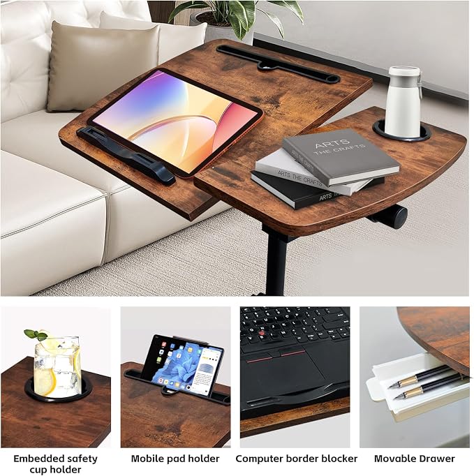 Overbed Table with Wheels Adjustable Height, Tiltable Desktop with Tray, Over Bed Table Rolling Bedside Tables, Medical Mobile Standing Desk, for Hospital Office Bedroom Sofa, Brown - Image 4