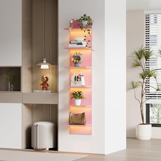 Qupui 6-Tier Wall Shelf with RGB LED, 57" Floating Storage, Pink - Image 4