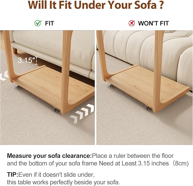 AQIMUELE Wooden C-Shaped End Table,Couch Table with Adjustable Desktop,Small Rolling Side Table with 2 Lockable Wheels 23.6" Width,Small End Table for Couch, Living Room,Bedroom (Natural) - Image 5