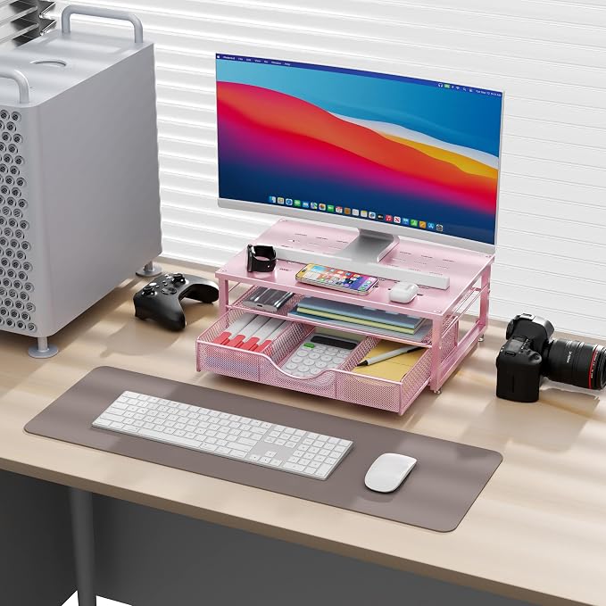 gianotter Computer Monitor Stand Riser with Drawer | Desk Organizers and Accessories Desk Accessories & Workspace Desktop Organizers Storage for Printer Stand (Pink) - Image 2