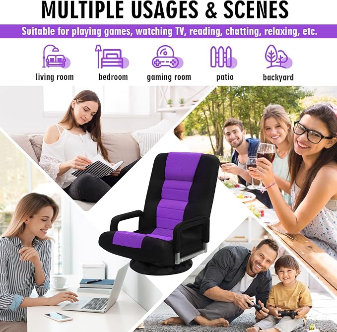 Swivel Floor Gaming Chair w/Armrests,Folding Video Reclining Sofa w/6 Adjustable Position, Padded Backrest & Cushion, Lazy Lounger Couch for E-Sports, Reading, Relaxing, Watching TV, Purple - Image 9