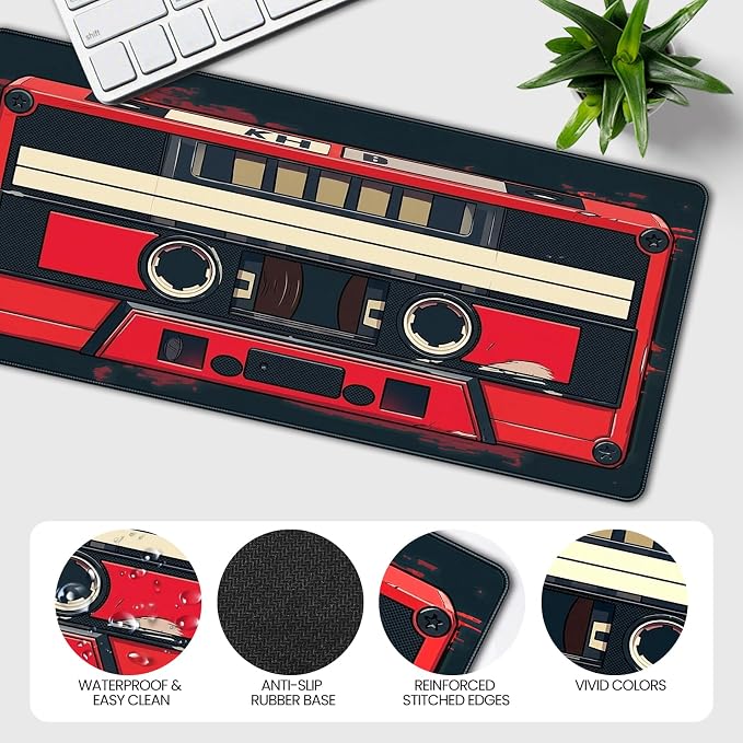Retro Cassette Tape Design Mouse Pad, 35.4 x 15.7 Inches Gaming Desk Mat with Non-Slip Base for Home Office School Business - Image 6