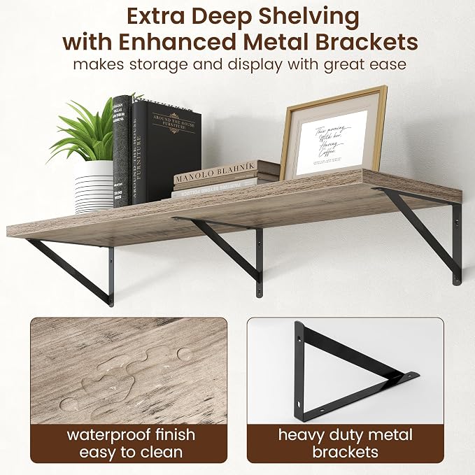 Axeman Deep Floating Shelves - 40 Inch Floating Shelves Set of 2-12 Inch Deep Grey Wood Wall Shelves for Living Room Bathroom Kitchen - Image 5