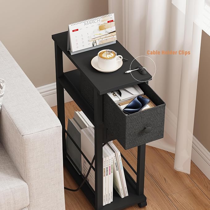 Slim Nightstand Set of 2, Narrow Side Table with Charging Station & Drawer - Image 4