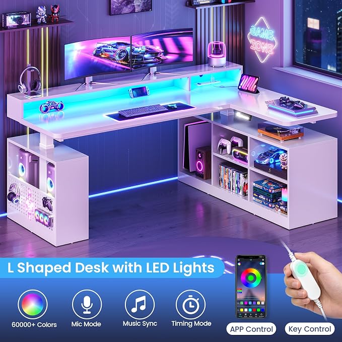 SEDETA L Shaped Electric Corner Standing Desk with Storage, Monitor Stand | 63 inch Height Adjustable Computer Desk with Shelves, Corner Gaming Desk with LED Lights, Power Outlet for Home Office, White - Image 7