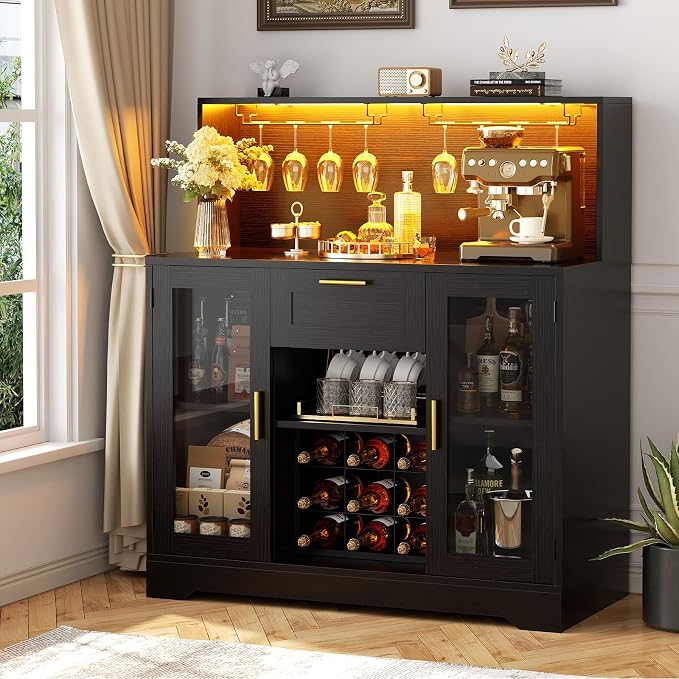Unikito Coffee Bar Cabinet with LED Light and Storage Hutch, Black by Unikito