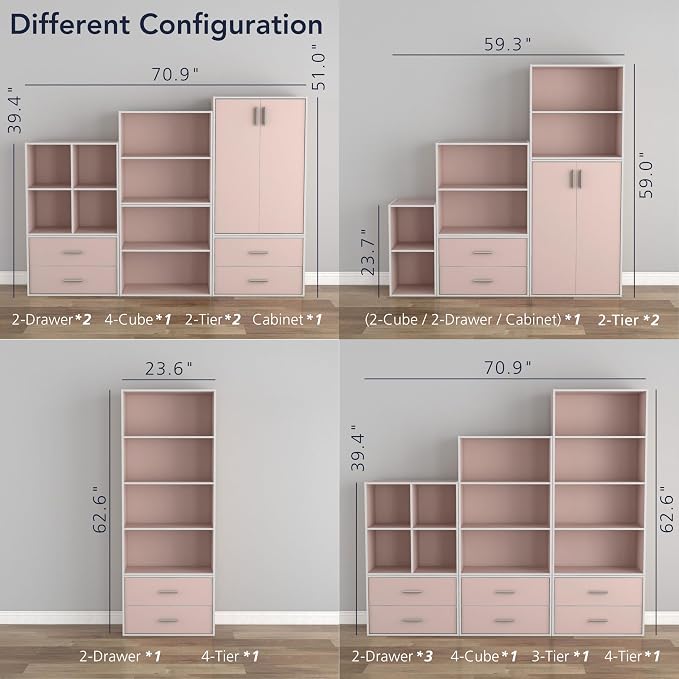 Homes: Inside + Out Apexa 4-Cube Storage Organizer Shelves, Stackable Wood Bookcase Fits Cubby Bins for Organization, Dorm Teen Room Decor & Home Office, Light Pink - Image 11