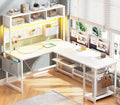 SEDETA White L Shaped Office Desk, 57.5” Corner Computer Desk with Power Outlet Pegboard and Keyboard Tray, Gaming Table with LED Lights, Hutch and Storage Shelves for Home Office by SEDETA