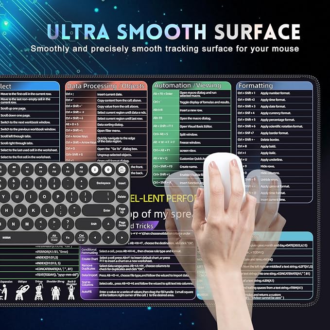 iCasso Excel Cheat Sheet Desk Pad, Excel Mouse Pad Shortcuts, Colorful | Excell Short Cut Desk Mat, Extended Large XXL Non-Slip Exel Mousepad with Stitched Edges for Computer Keyboard - Image 5