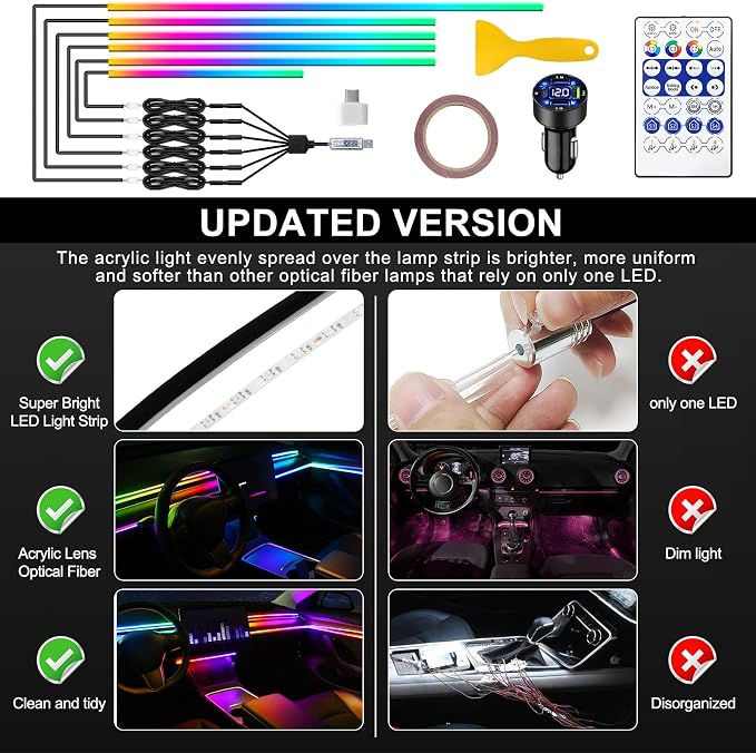 Acrylic Interior Car LED Strip Light with USB/Type C/4-Port Cigarette Lighter, Dreamcolor 6 in 1 with 175 inches 650 LEDs Ambient Lighting Kits, Sound Active Function Neon Led Strips for Car - Image 5