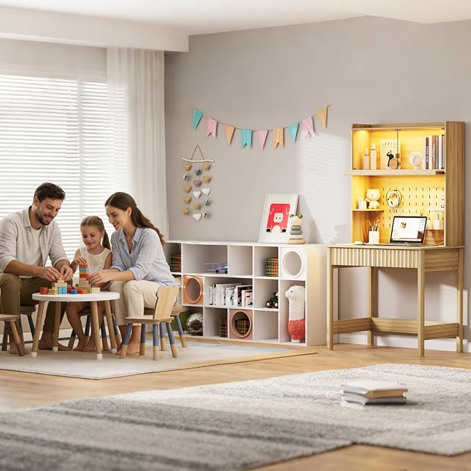 Lvifur 31.5" LEDStudy Desk with Hutch,Outlets,Reading Lights | Computer Desk with Charging Station,2 Drawer,Compact Writing Desks,Home Office Desks for Bedroom,Natural - Image 9