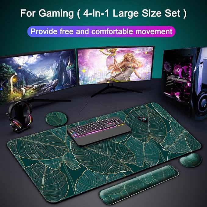 4 in 1 Mouse Pad and Keyboard Wrist Rest,Large Desk Mat,Coaster Set-Leaves - Image 8
