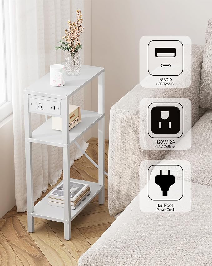TUTOTAK Narrow Side Table, 3-Tier Small End Table with Charging Station - Image 9
